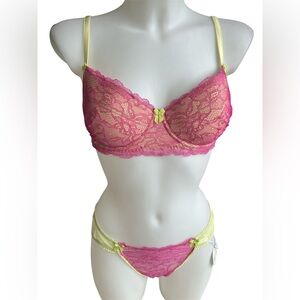 Mimi Holiday 2 Piece Bra 34 E Panties S Lingerie Set in Bright Yellow & Pink NWT